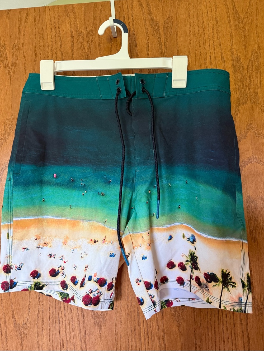 American Eagle Outfitters Teal-to-White Beach Print Board Shorts 8” inseam M